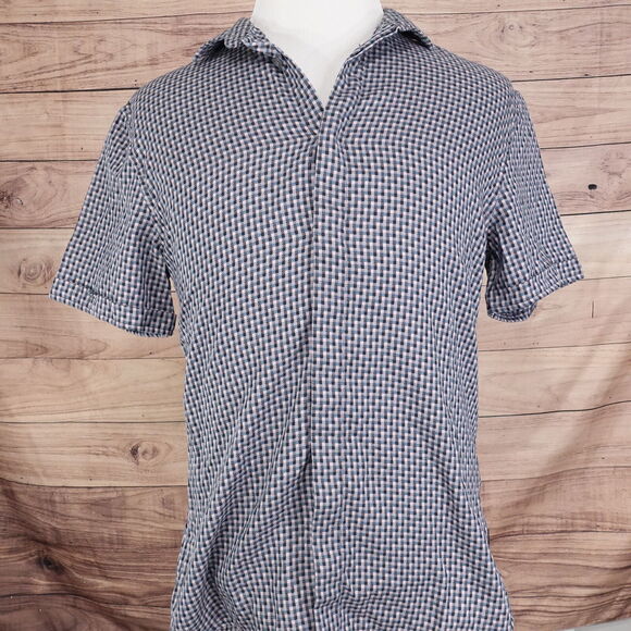 JOHN VARVATOS USA SHORT SLEEVE CHECK BUTTON DOWN SHIRT MENS SIZE L LARGE EUC - Picture 3 of 8